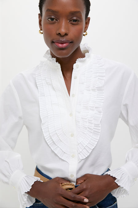 White Long Sleeve Band Collar Blouse