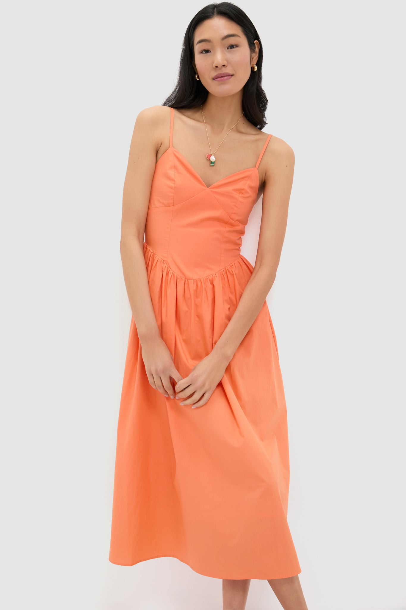 Orange V-Neck Midi Dress