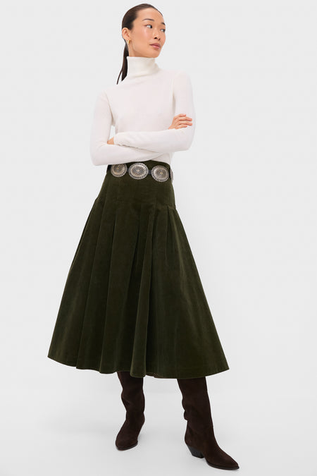 Olive Cord Woven Knee A-Line Skirt