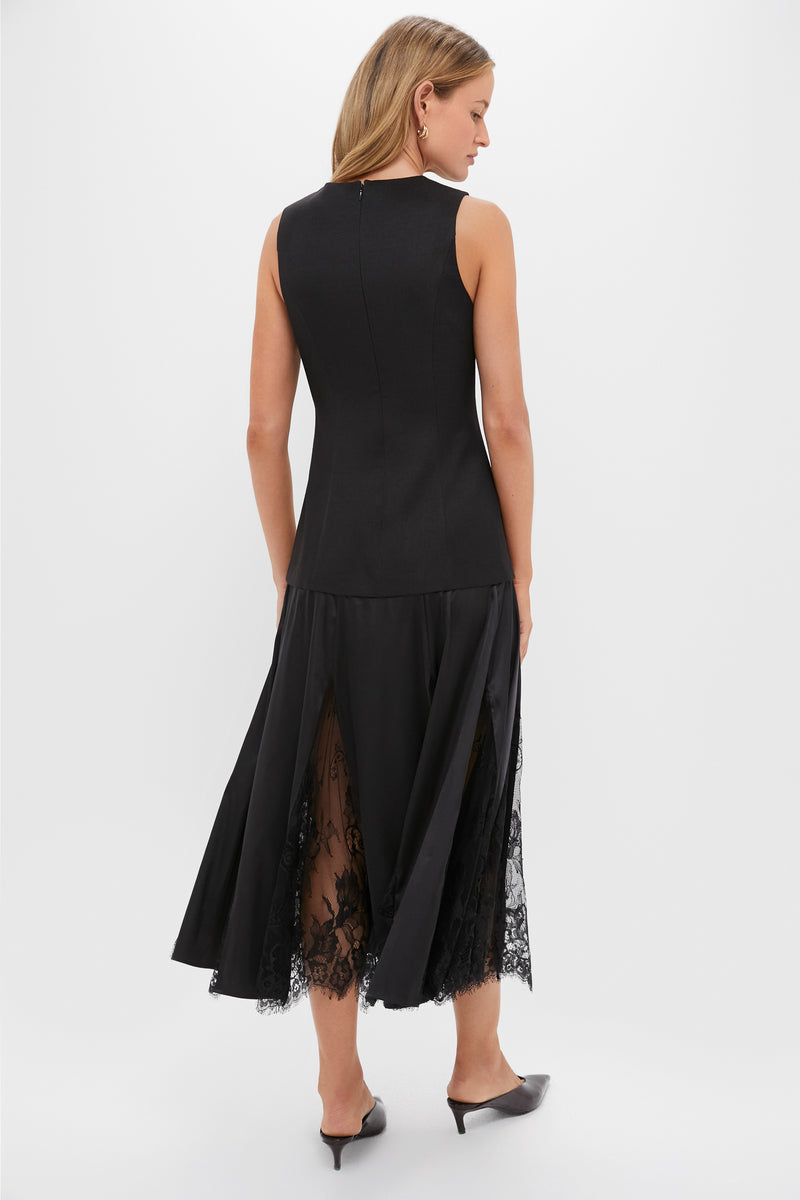 Black Mixed-Media Coco Maxi Dress: effortlessly chic with a classic tunic-style bodice and pleated lace-panel skirt, perfect for fun, high-end evenings.
