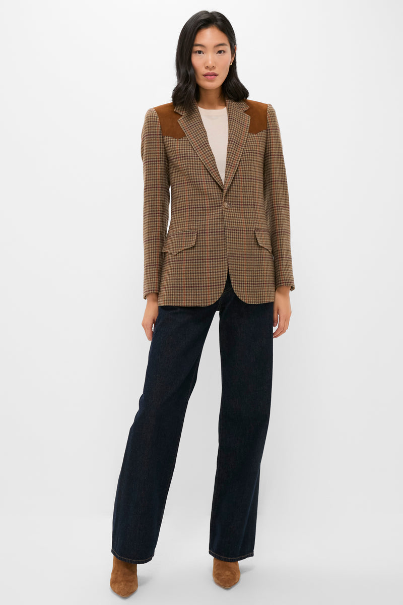 Olive Multi Houndstooth Merino Wool Tweed Woven Blazer