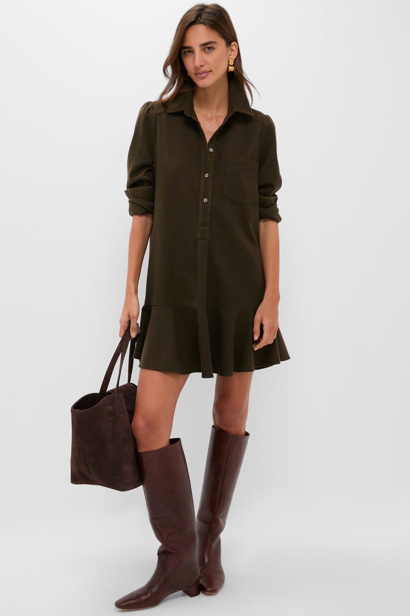 Dark Olive Whipstitch Brushed Wool Callahan Shirt Dress