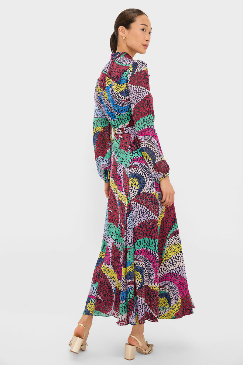 Jangle Jacqui-B Dress: A classic, high-end maxi with an effortless, fun abstract print, featuring a mock neck, fitted waist, and flowing skirt with thigh-high split.