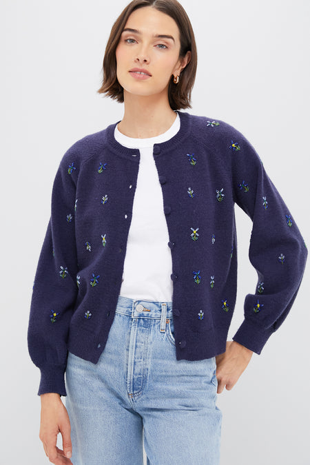 Blue Floral Embellishment Navy Elsie Cardigan Hyacinth House
