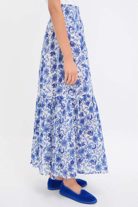 Exclusive Blue Morning Flower Print Shirred Skirt