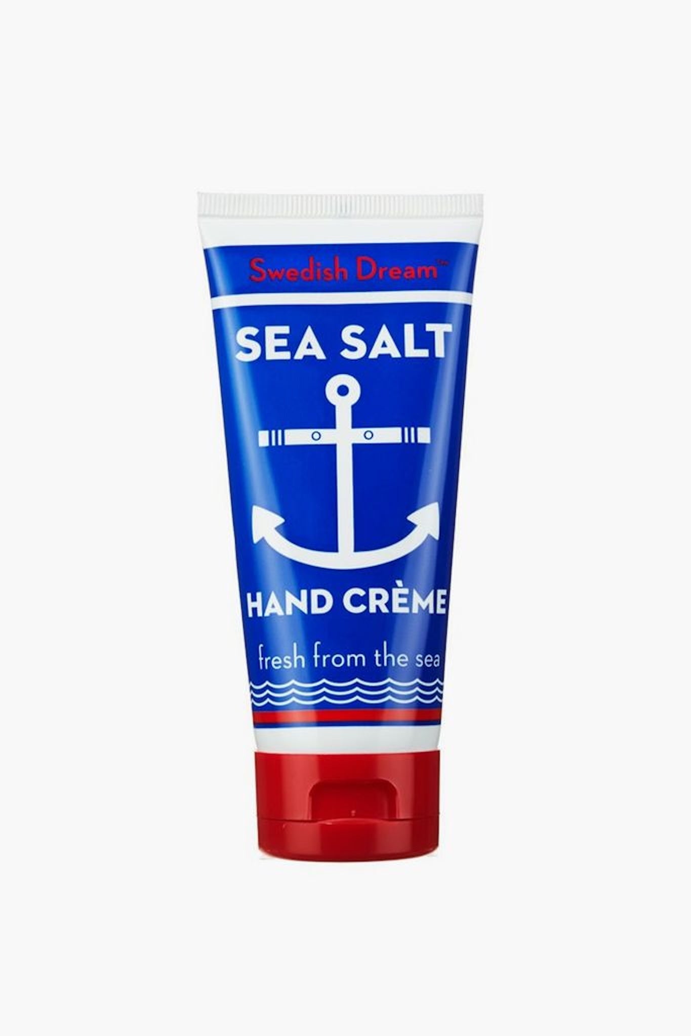 Swedish Dream Sea Salt Hand Creme: classic, high-end moisturizer in a blue tube with anchor design, offering effortless, fun hydration and a fresh ocean scent.