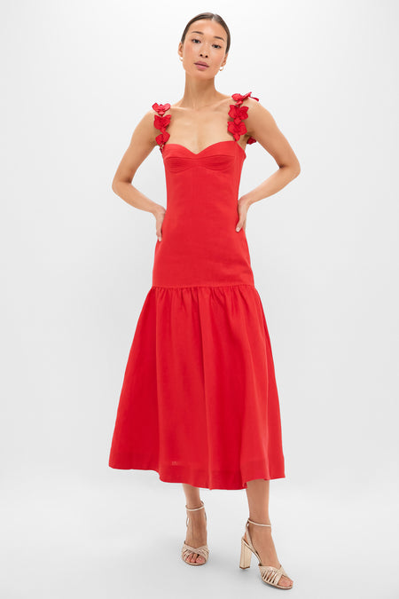 Woman in Red Ser Arte Embellished Maxi Dress with 3D flower straps and voluminous hem, styled with gold block-heeled sandals for a classic, effortless, high-end look.