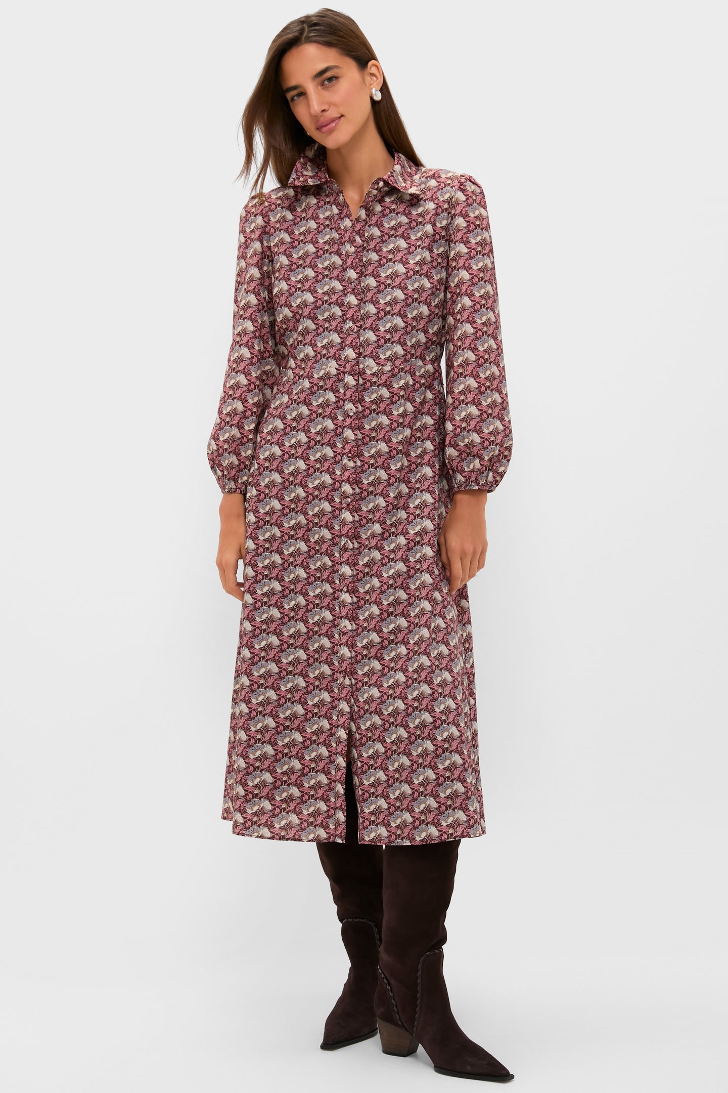 Woman in a classic Plum & Dusty Blue Leafy Floral Kai Maxi Dress with suede boots, exuding an effortless and fun vibe, perfect for high-end occasions.