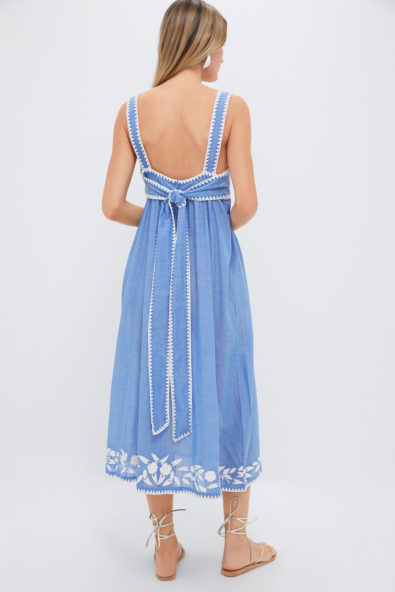 Denim and Cream Chambray Tie Back Dress with Embroidery