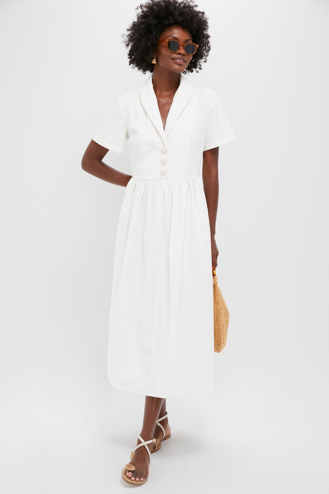 white collared dress White Seersucker Shawl Collar Adelaide Dress