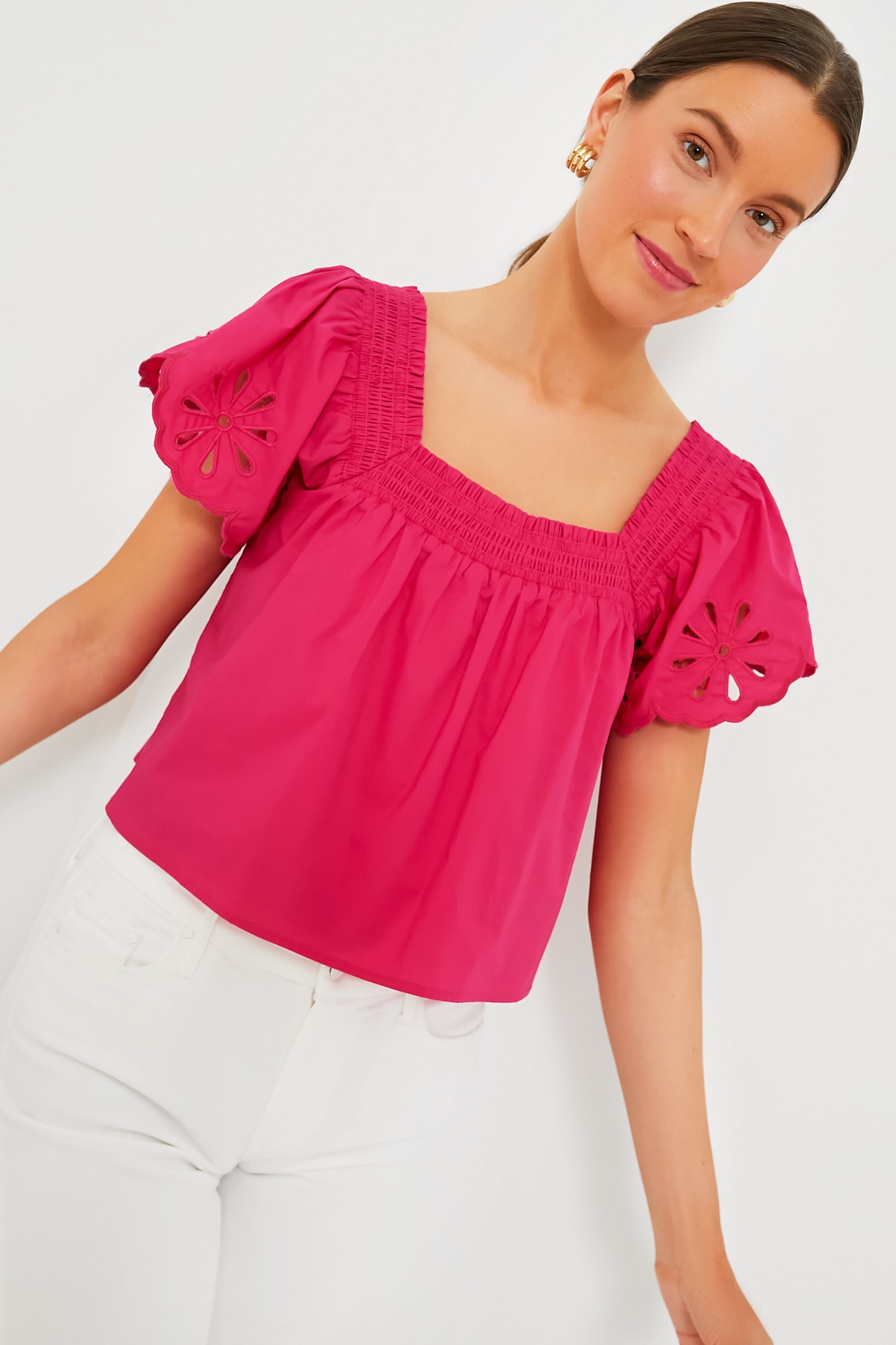 A new hot day Pink Eyelet Bubble Sleeves Boxy Top Size XL