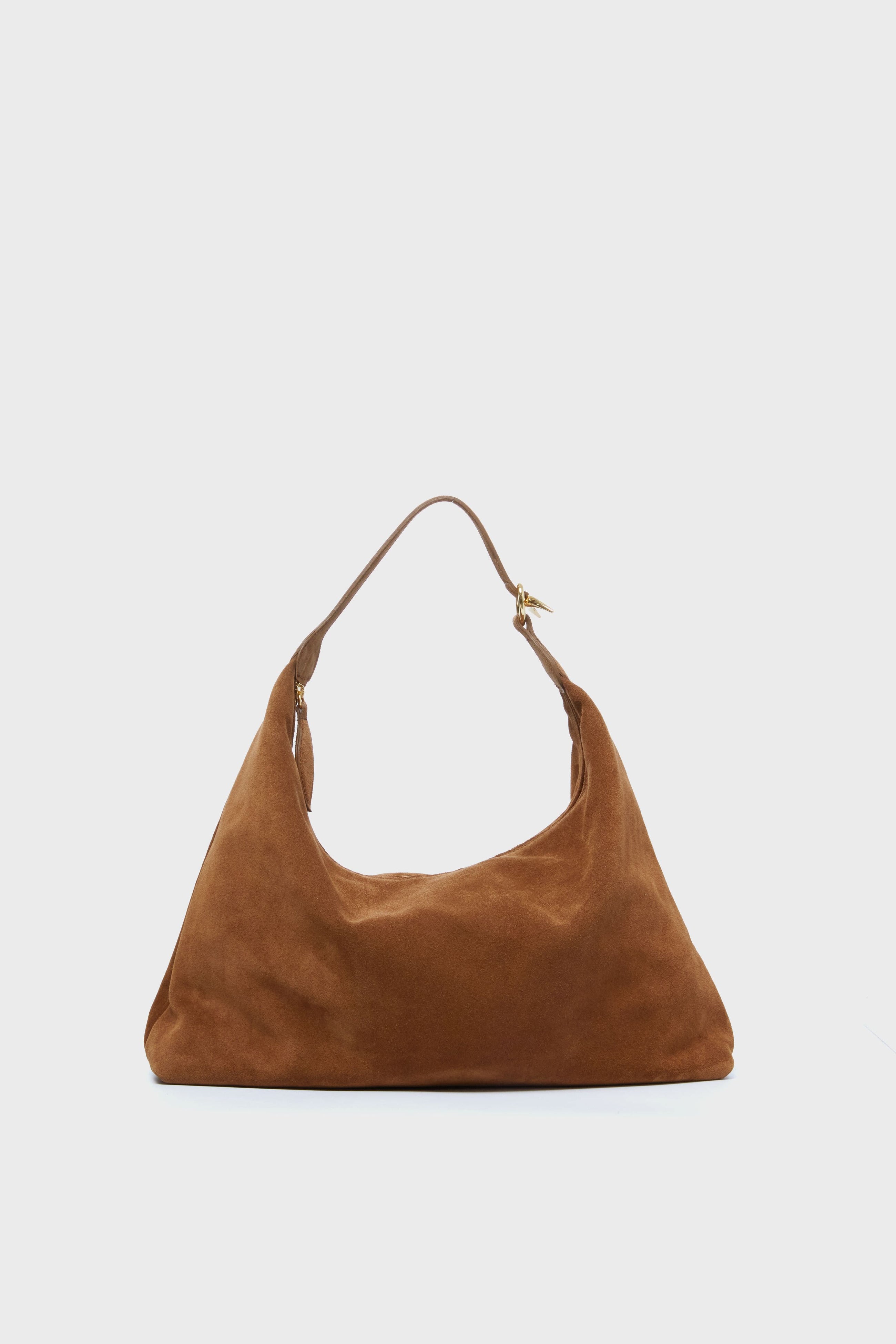 Liffner brown suede shoulder bag featuring a single thick strap and gold hardware, exemplifying Italian craftsmanship in a sleek, minimalist design.