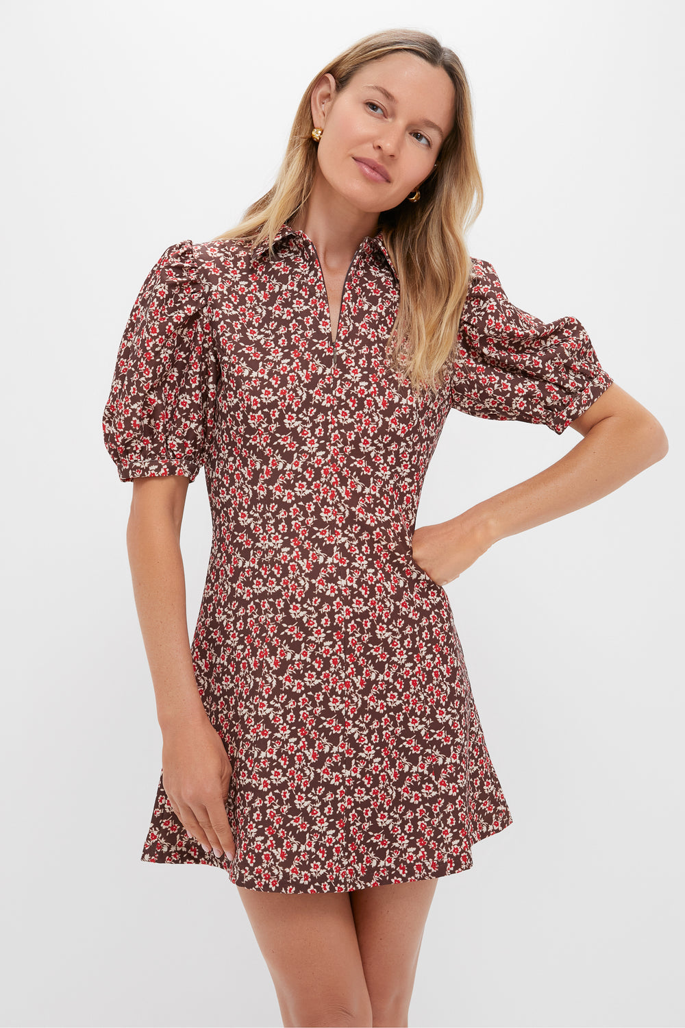 open lace back dress Brown & Red Floral Corduroy Front Zip Mini Dress