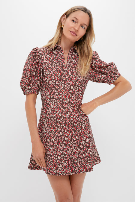Brown & Red Floral Corduroy Front Zip Mini Dress