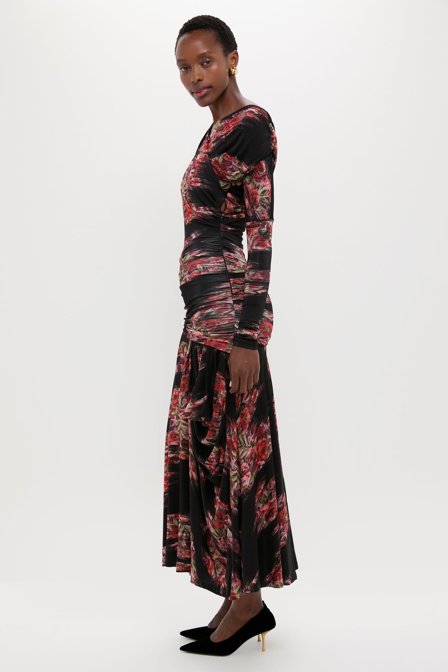 Black Printed Shiny Jersey Ruched Long Dress