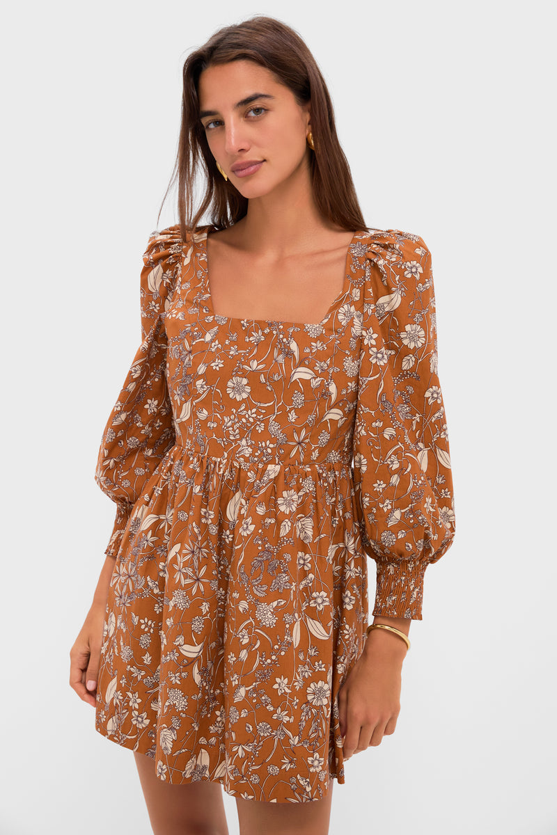 Burnt Orange Floral Square Neck Spencer Mini Dress