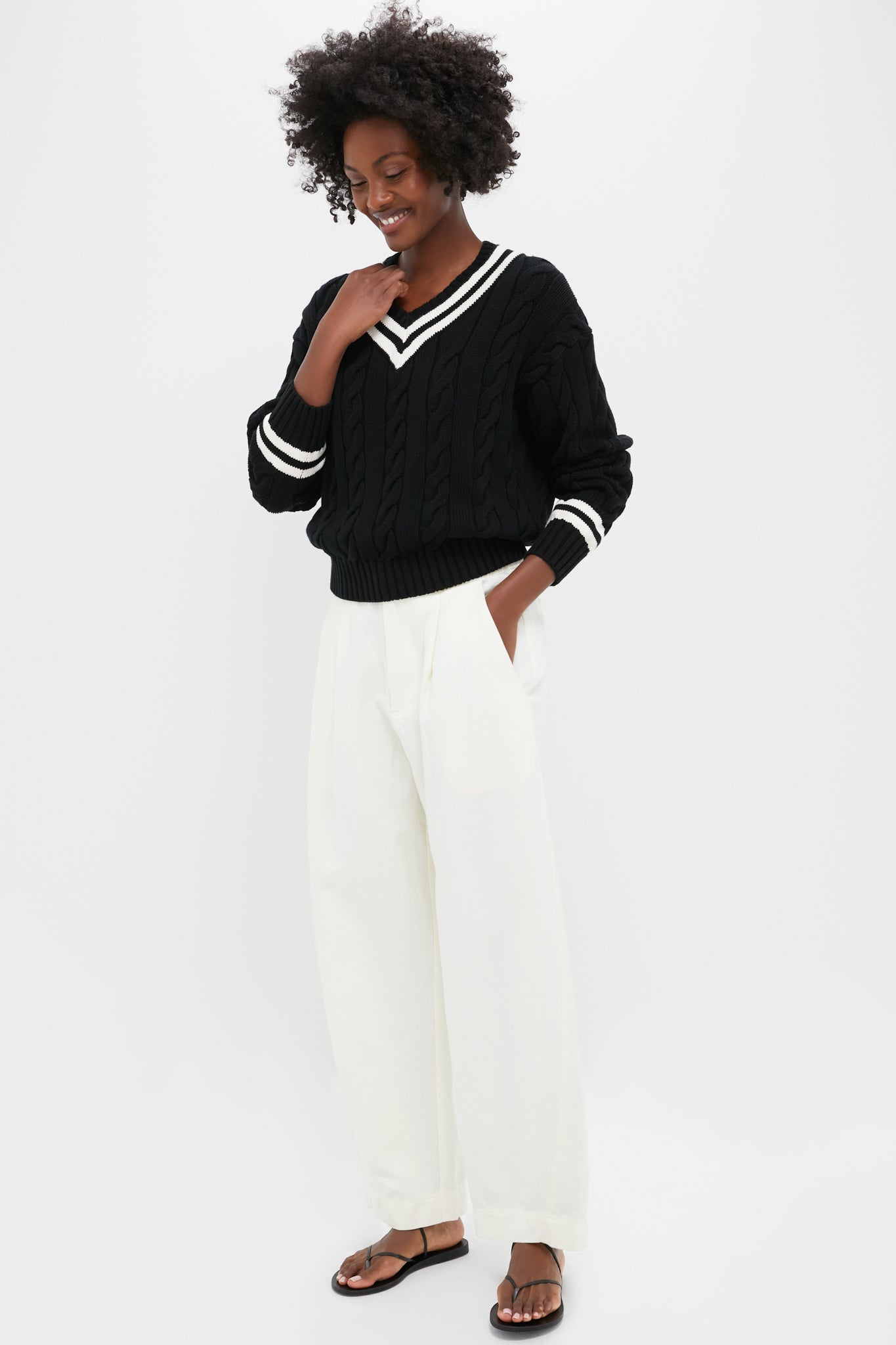 Polo Black and Cricket Cream Cotton Long Sleeve Crew Neck Pullover Sweater