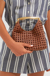Cognac Woven Leather Small Boomerang Bag