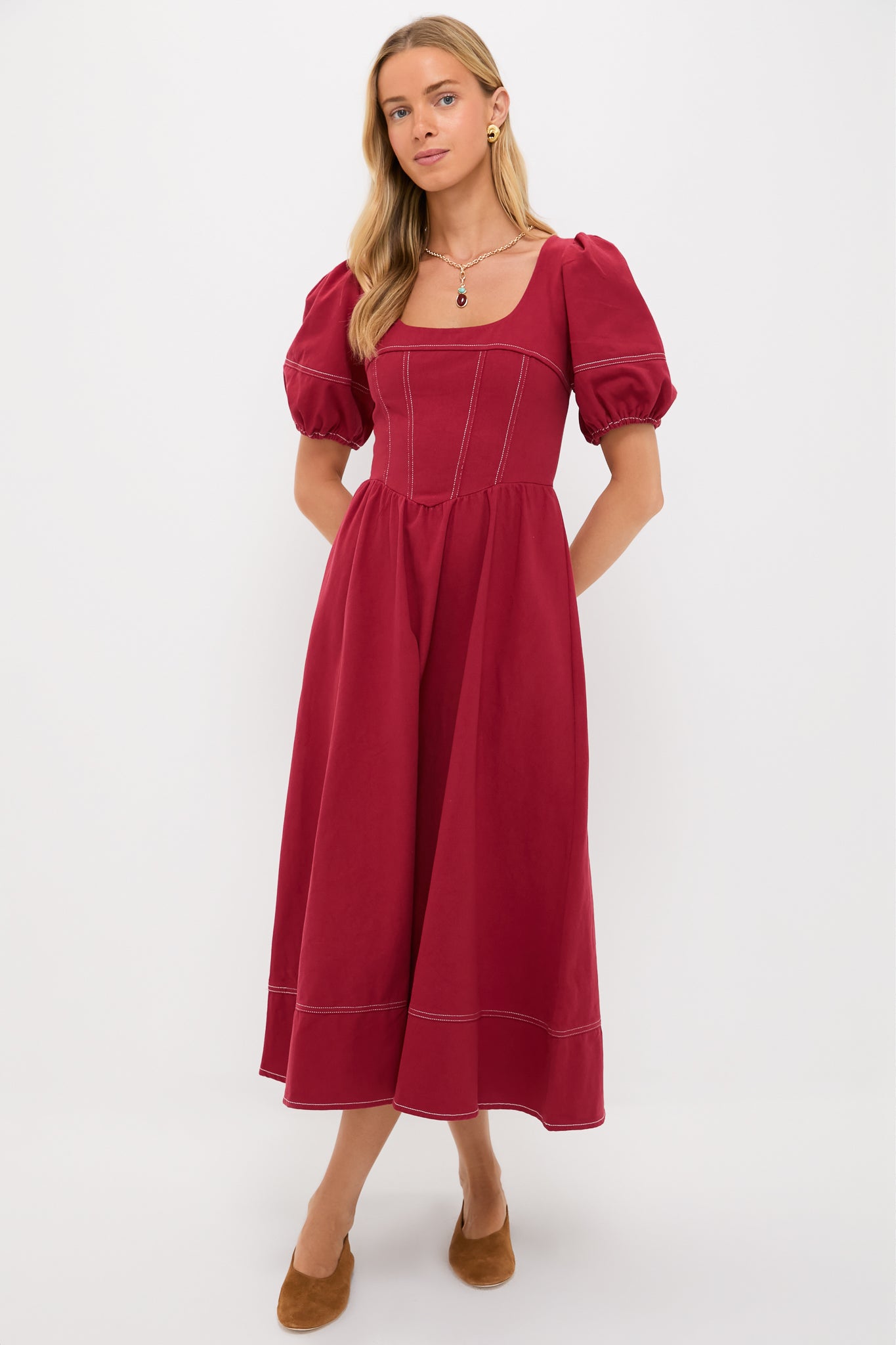 Oxblood Puff Sleeve Midi Dress