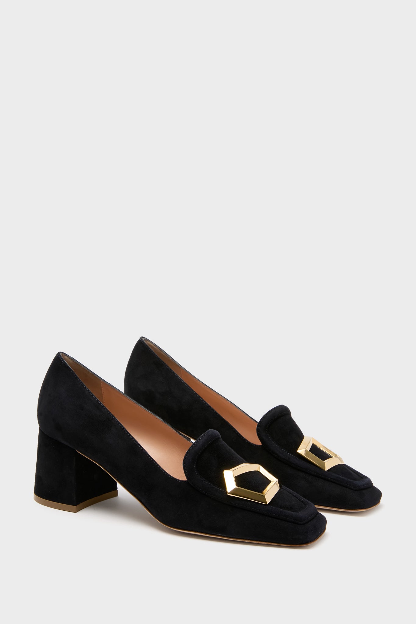 Midnight Suede with Gold Cubic Pebble Nola Heels