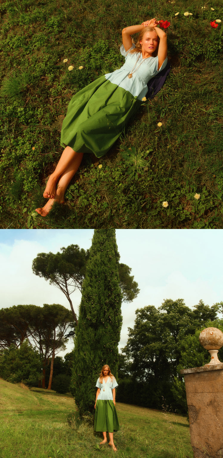 Top: Woman laying in the grass in a blue and green dress. Bottom: Woman standing in front of a tree in a blue and green dress. 