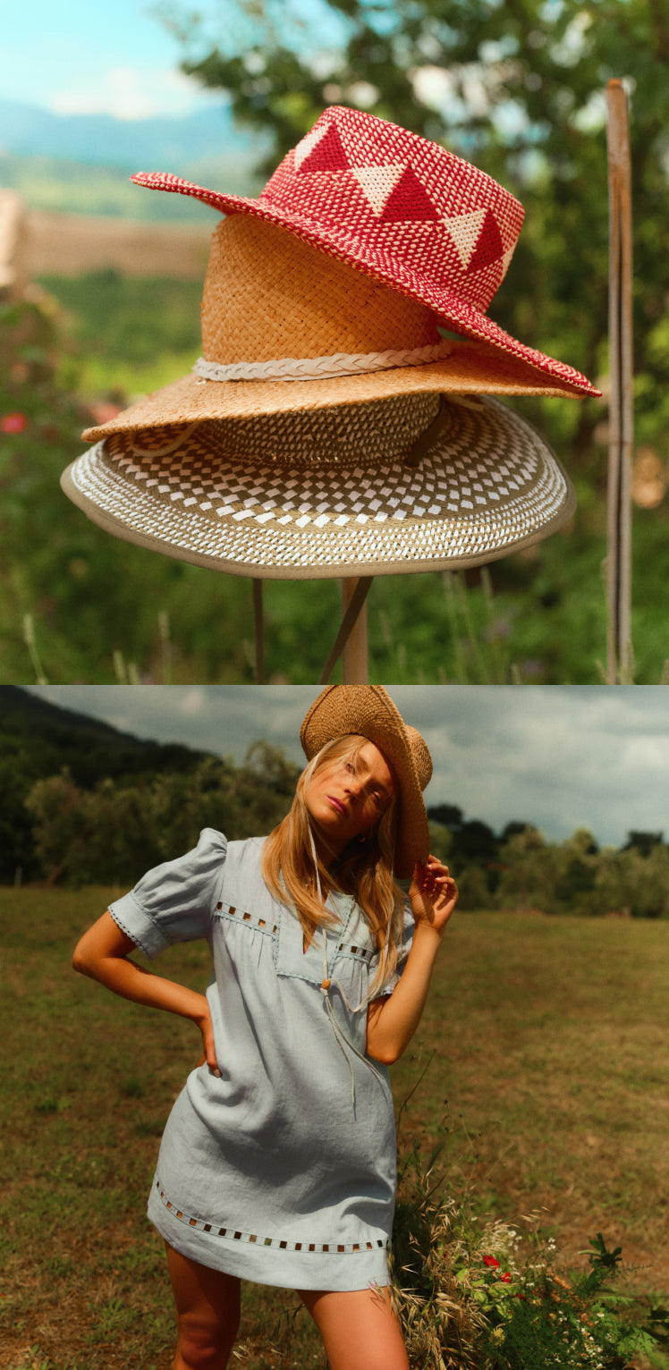 Top: Three hats stacked on top of each other. Bottom: Woman standing in a field in a blue dress and a straw hat. 
