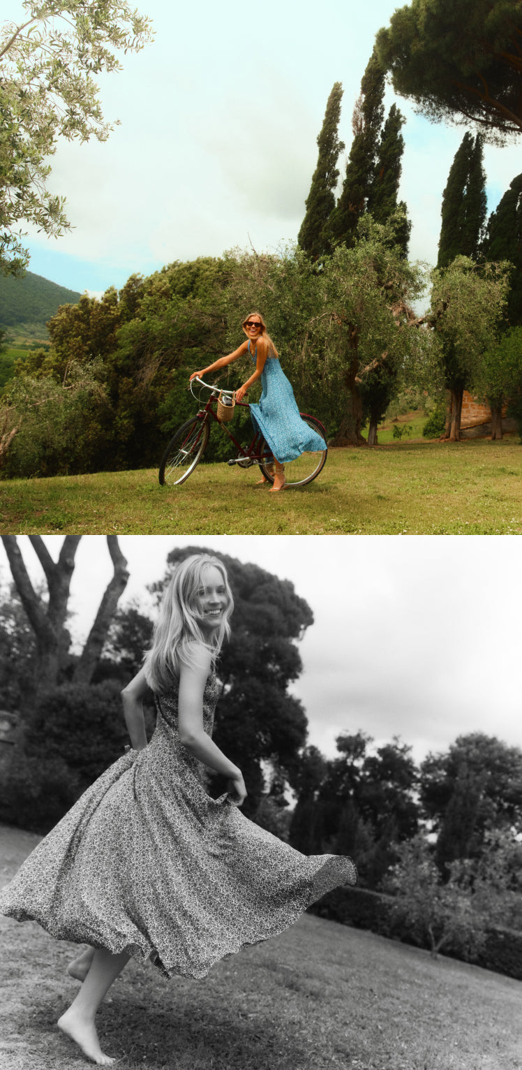 Top: Woman riding a bike in a blue printed dress. Bottom: Black and white image of a woman twirling in a maxi dress. 