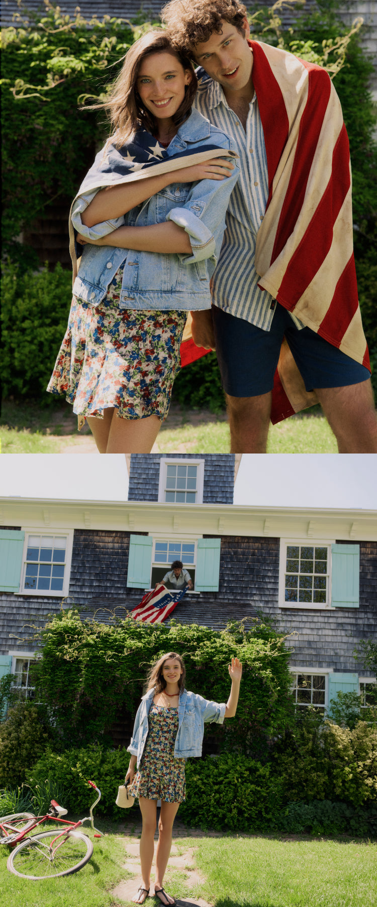 Top: Man and woman standing together with an American flag wrapped around them. Woman is in a jean jacket and floral dress and man in a striped shirt and navy shorts. Bottom: Woman standing in front of a house in a jean jacket and a floral dress. 