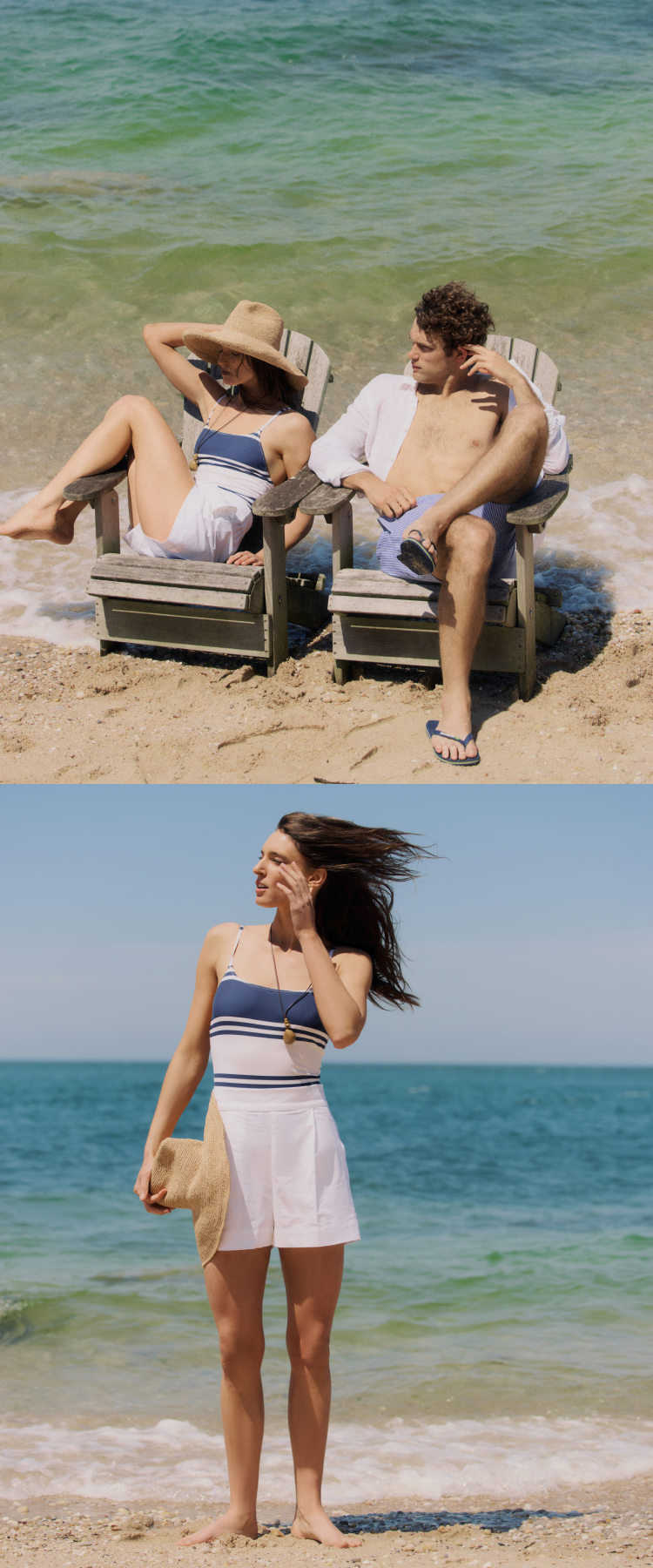Top: Woman and man sitting on adirondack chairs on the beach. Bottom: Woman standing on the beach in a blue and white striped swimsuit and white shorts. 