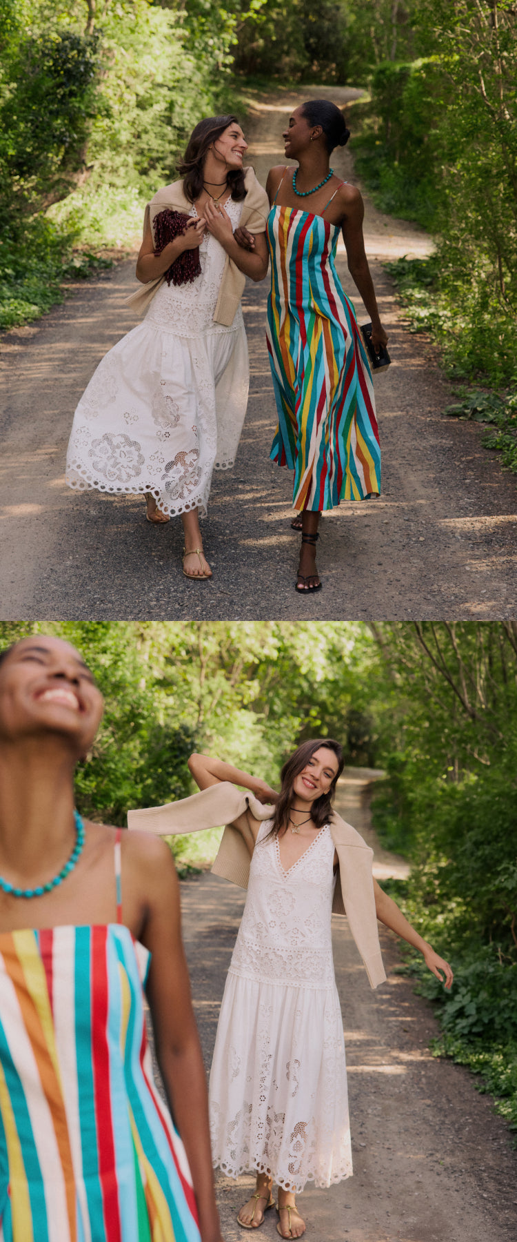 Top: Two women walking down a dirt road. One in a white dress with a tan sweater on her shoulders the other in a rainbow stripe dress. Bottom: Closeup of the two women walking 