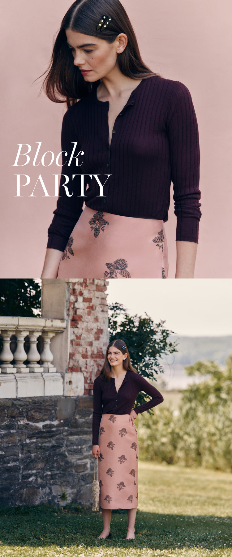 Top: Close up of woman in a plum sweater and a pink skirt. Bottom: Woman in a plum sweater and a pink pencil skirt standing by a house. 