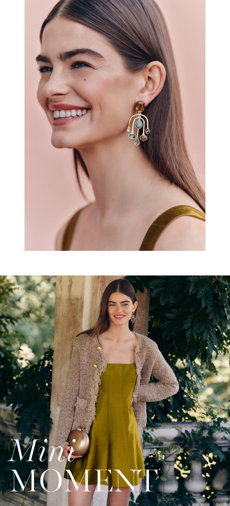 Top: Close up of woman with long brown hair and chandelier earrings. Bottom: Woman standing in front of a column in a green mini dress and tan jacket holding a gold clutch. 