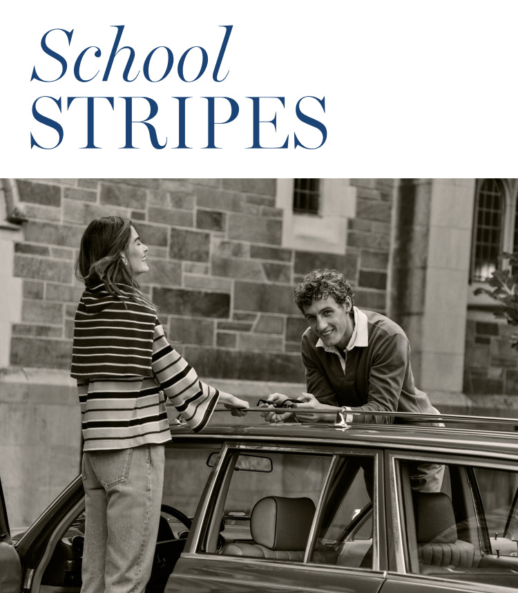 Black and white image of a man and a woman talking to each other from across a car. Copy reads: "school stripes".