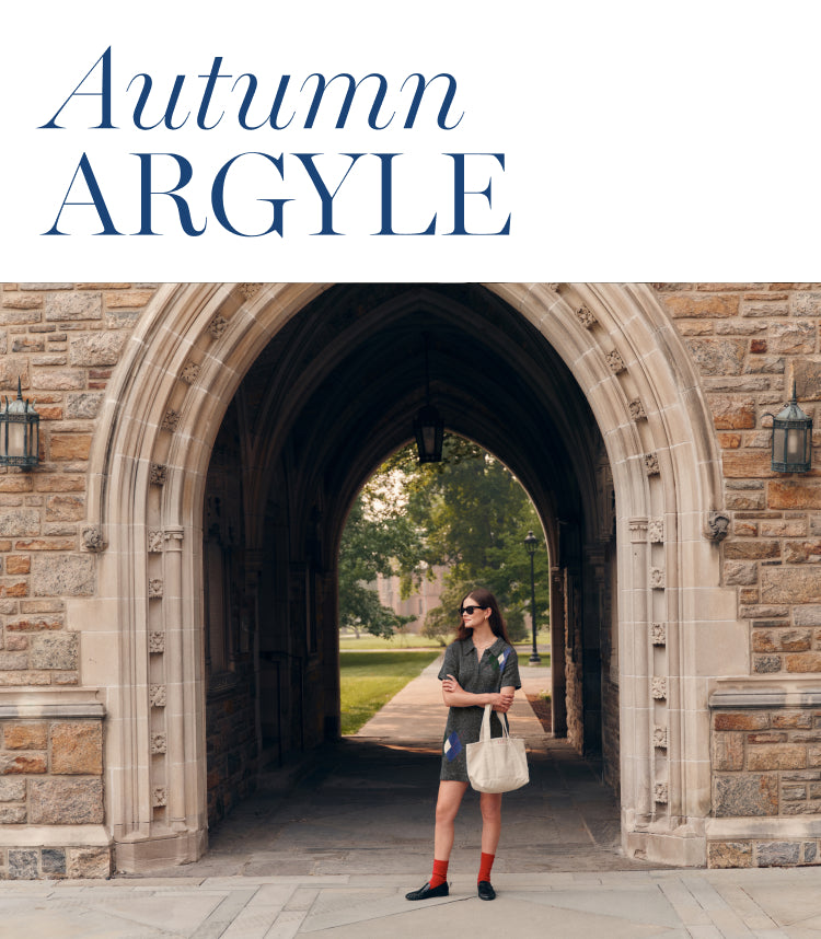Woman standing in front of a stone walkway in a argyle printed dress. Copy reads "Autumn argyle." 