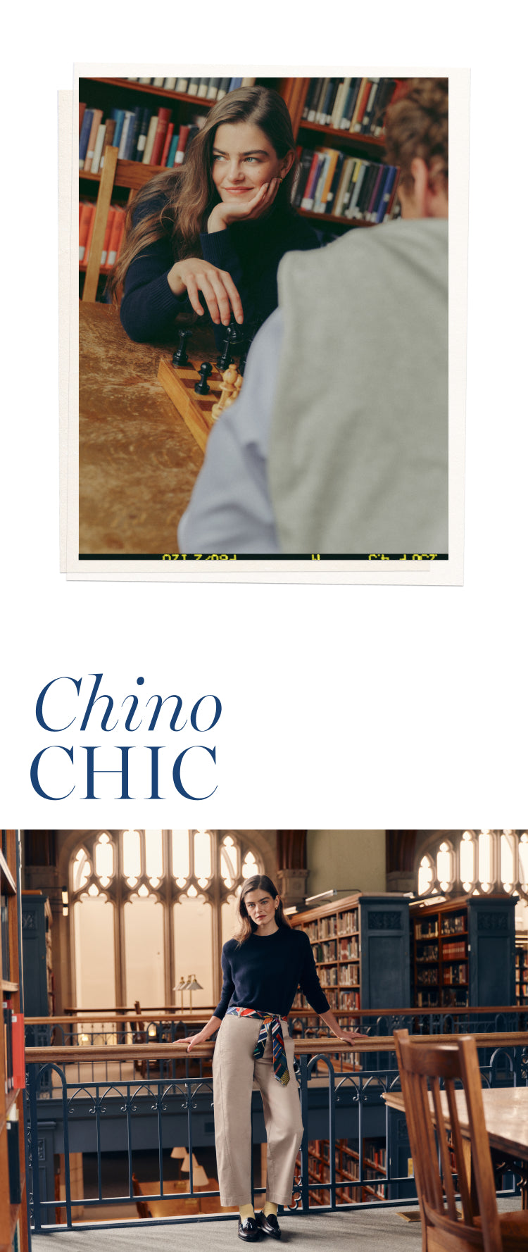 Top: woman playing chess in a navy sweater. Bottom: Woman in a pair of chino pants, a navy sweater, and a tie belt. 