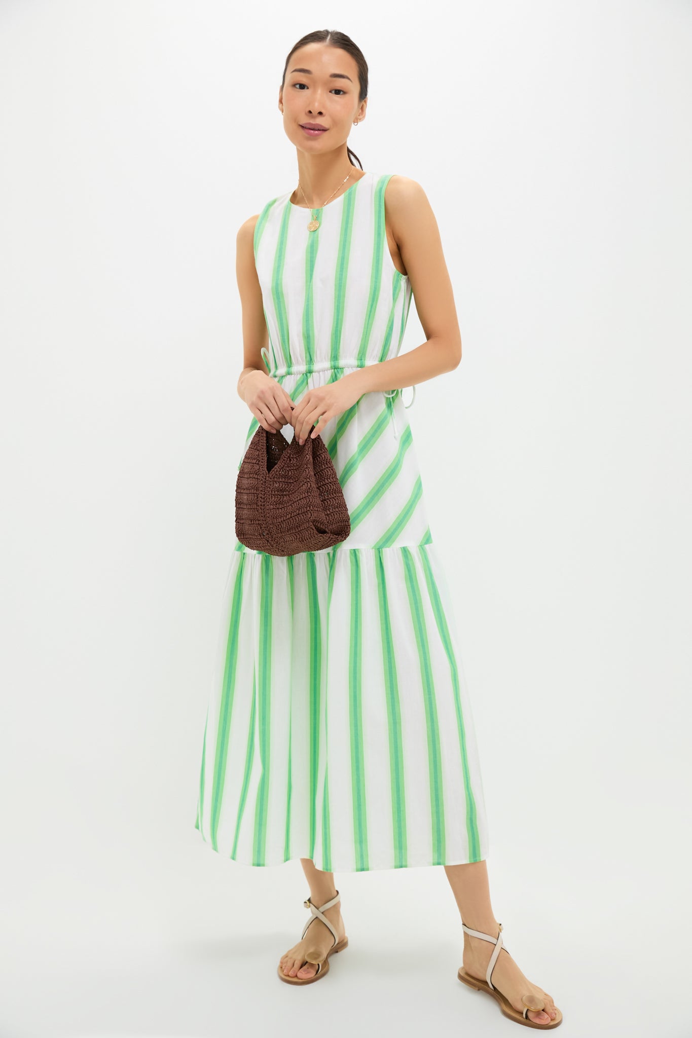 green striped midi dress Green Stripe Double Ruffled Short Sleeve Contrast Trim V Neck Midi Dre