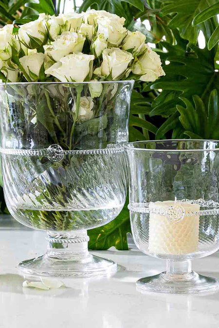 Graham 7 Hurricane: Classic, effortless elegance with a Bohemian glass bowl for roses and a candle, creating a high-end, fun ambiance perfect for any setting.