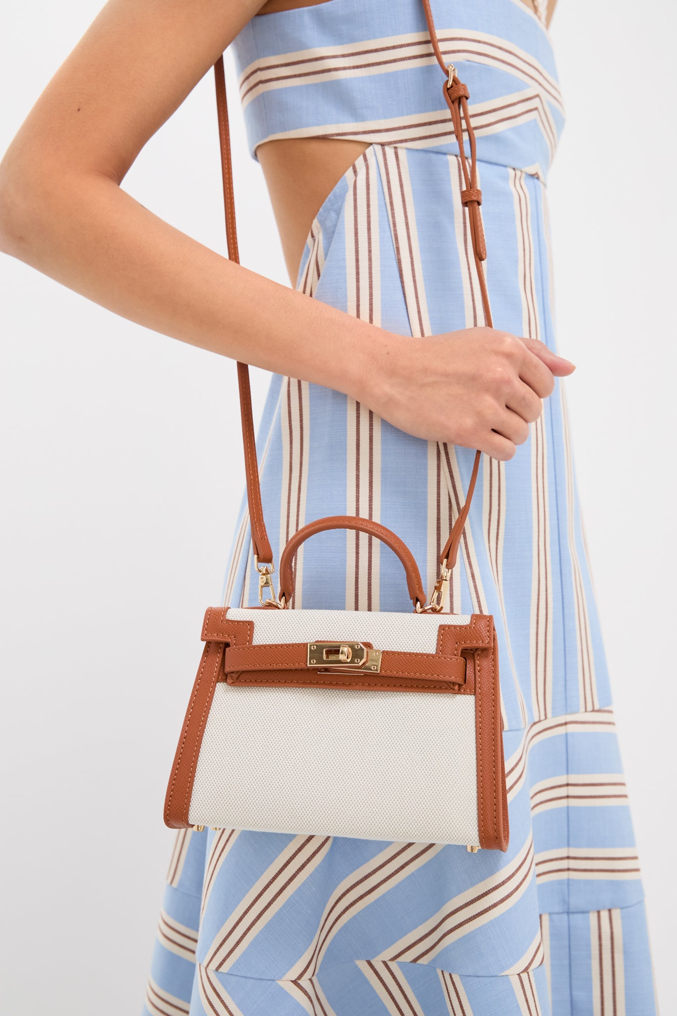 Natural Linen and Tan Hariette Handle Bag