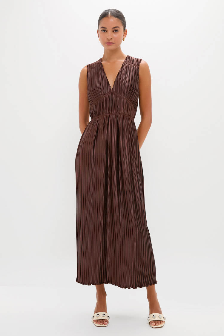 Brown Pleated Chloe Maxi Dress | English Factory Brown Pleated Chloe Maxi Dress | English Factory
