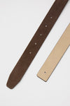 Espresso and Chantilly Suede Belt, reversible with adjustment holes, showcases a classic, effortless design. Perfect for a high-end, fun styling experience.