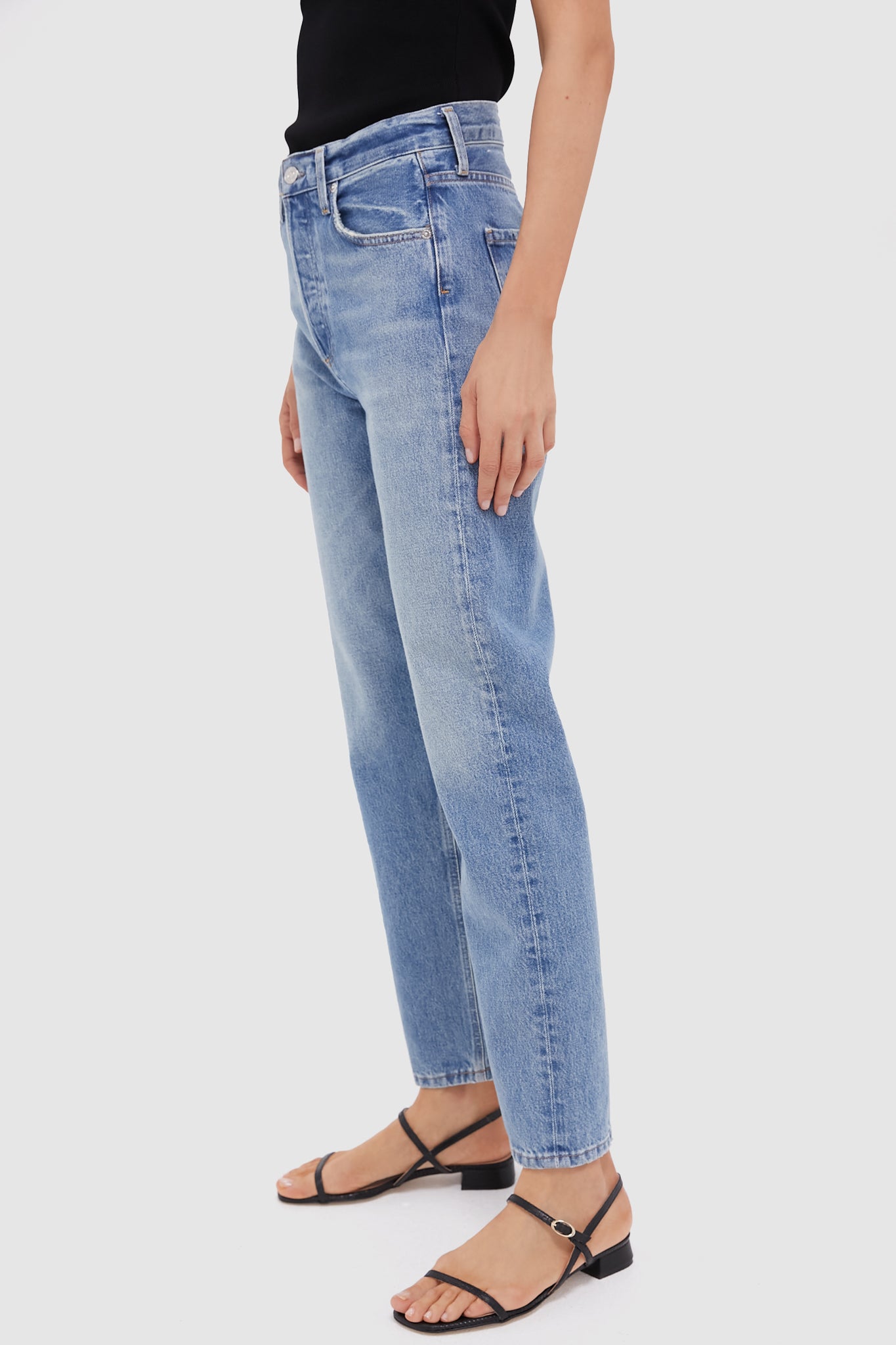 Perri Blaine High Rise Straight jeans styled effortlessly with black sandals, showcasing a classic high-end look perfect for fun, versatile dressing.