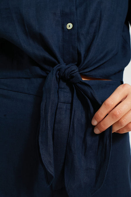 Navy Linen Tie-Front Rebecca Shirt