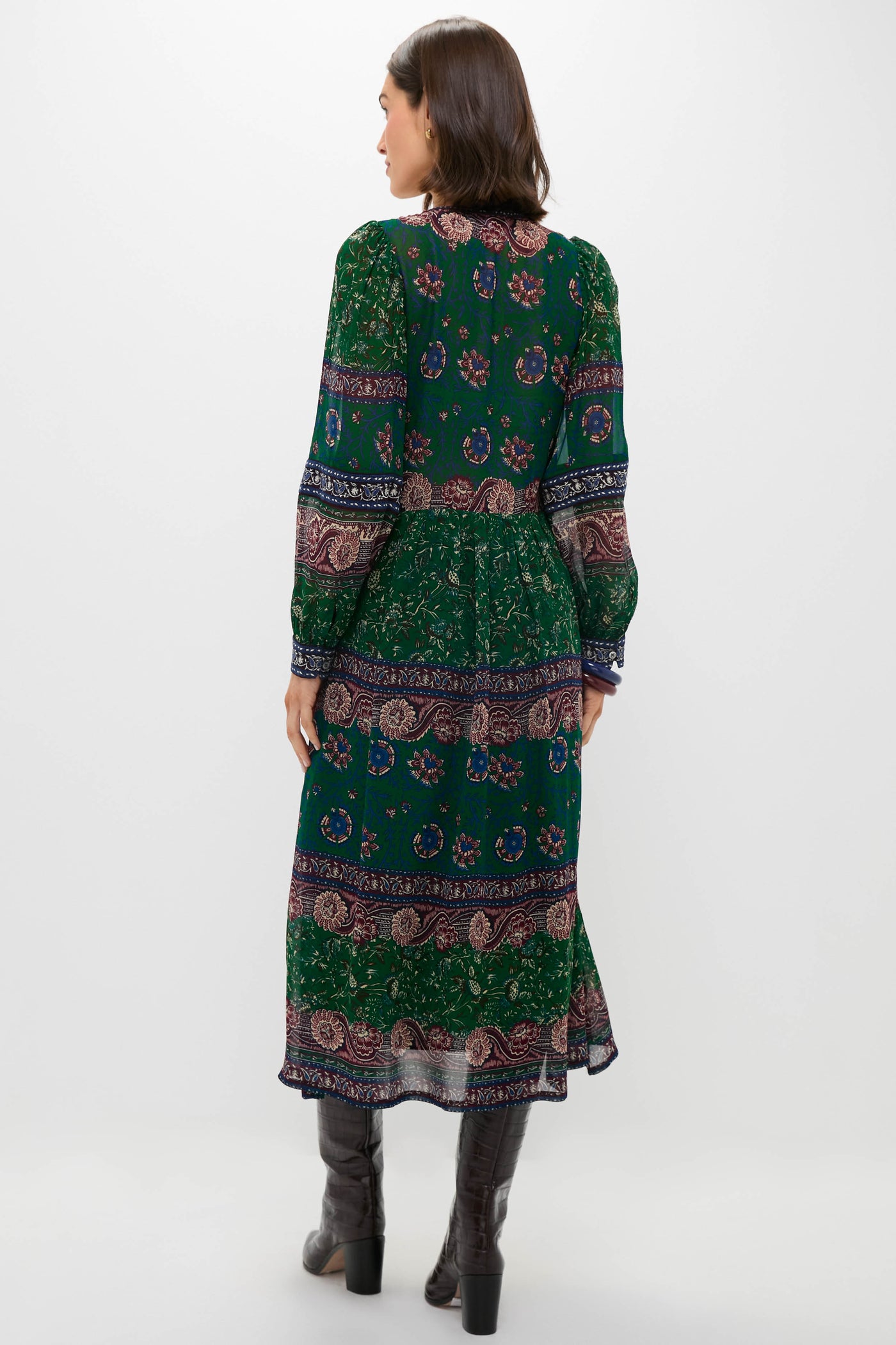 Green Melba Print Long Sleeve Midi Dress