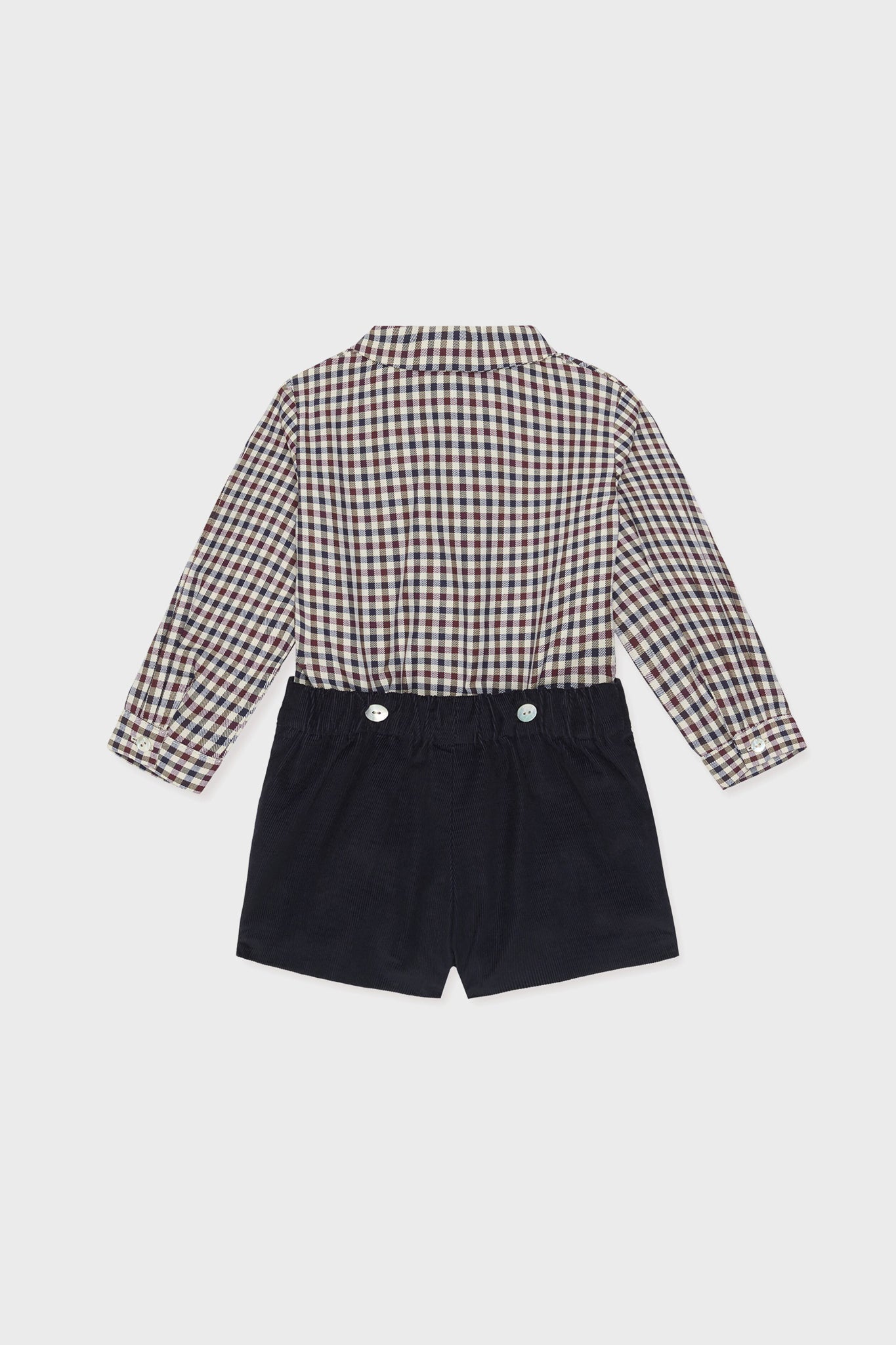 Burgundy Check Arlo Baby Boy Set: classic, effortless style with a gingham shirt and corduroy shorts, combining fun and high-end craftsmanship for easy dressing.