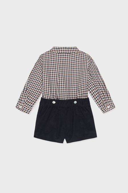 Burgundy Check Arlo Baby Boy Set: classic, effortless style with a gingham shirt and corduroy shorts, combining fun and high-end craftsmanship for easy dressing.