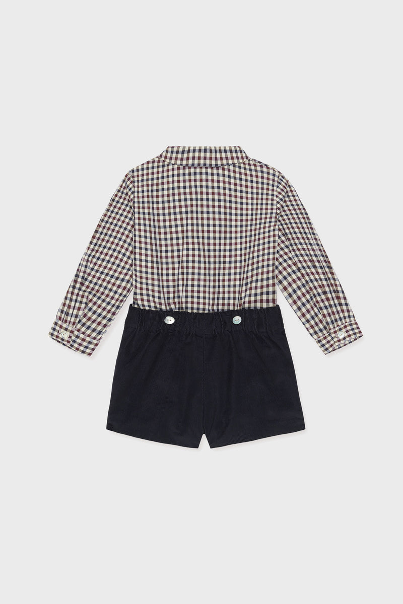 Burgundy Check Arlo Baby Boy Set: classic, effortless style with a gingham shirt and corduroy shorts, combining fun and high-end craftsmanship for easy dressing.