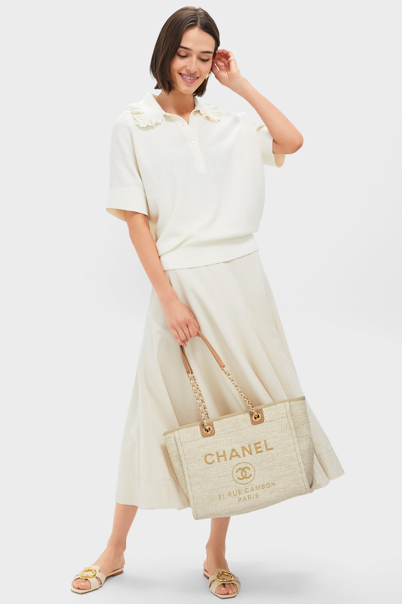 CHANEL Beige Canvas Deauville Tote Bag