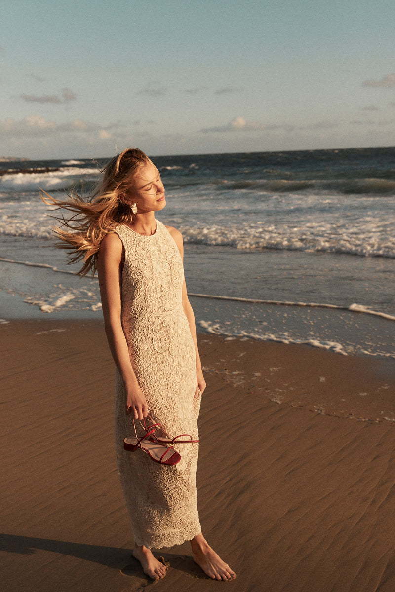 Red Embossed Leather Evelyn Sandals