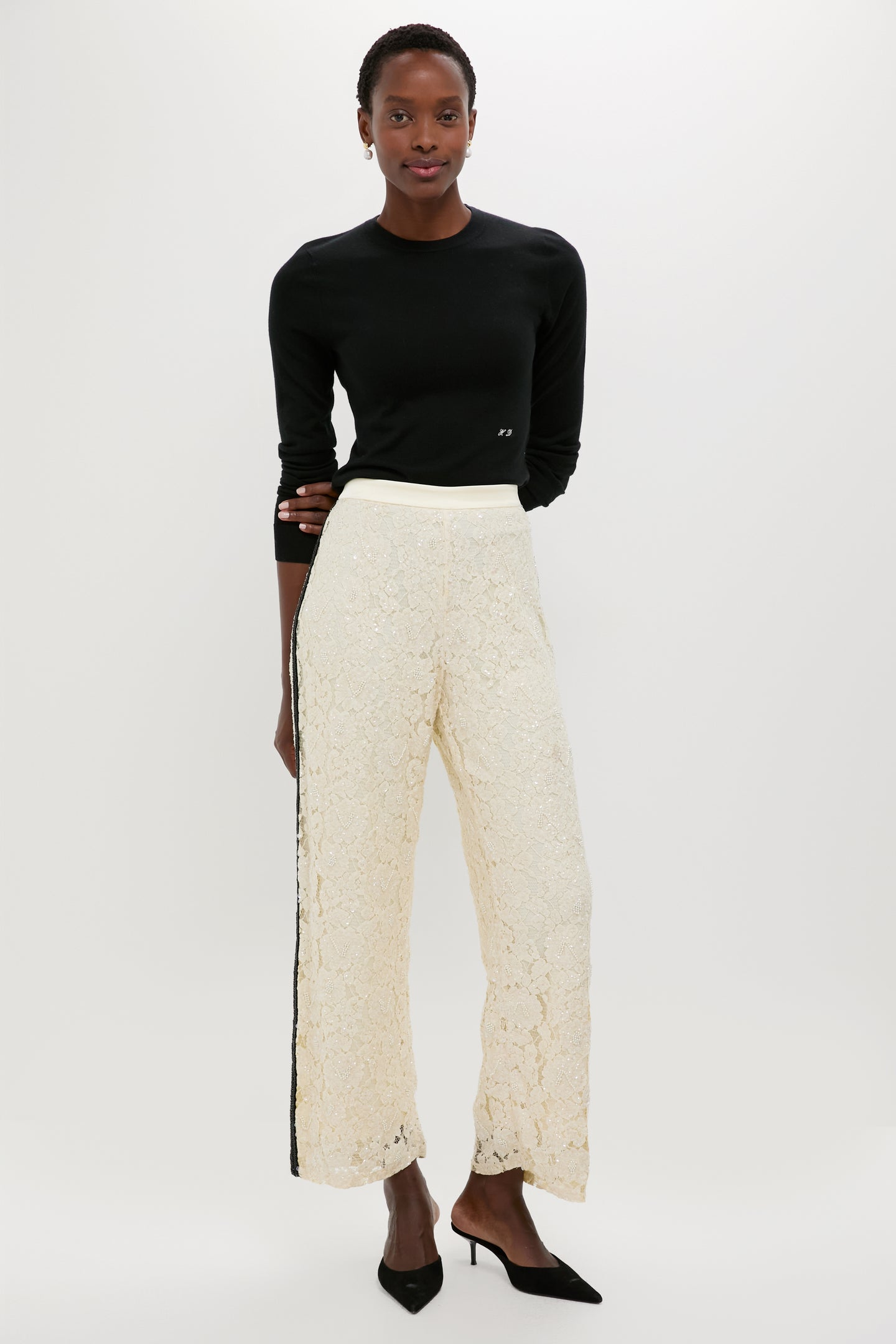 Cream Lace Sequin Straight Pants