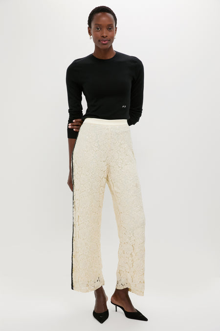 Cream Lace Sequin Straight Pants